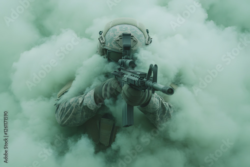 Military personnel aiming weapon, shrouded in smoke. Camouflaged soldier ready for action, amidst haze. Tactical scene. photo