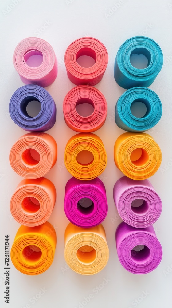 Colorful Stacked Rubber Bands in Vibrant Hues on White Background Colorful Stacked Rubber Bands in Vibrant Hues on White Background