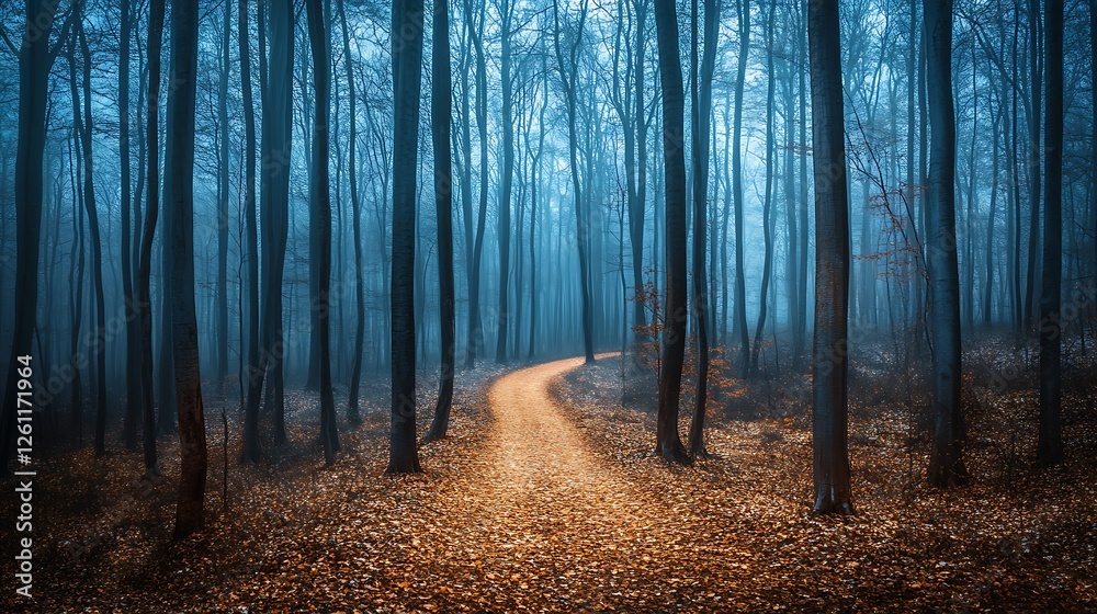 Naklejka premium Misty forest path, autumn leaves, nature background, tranquility scene