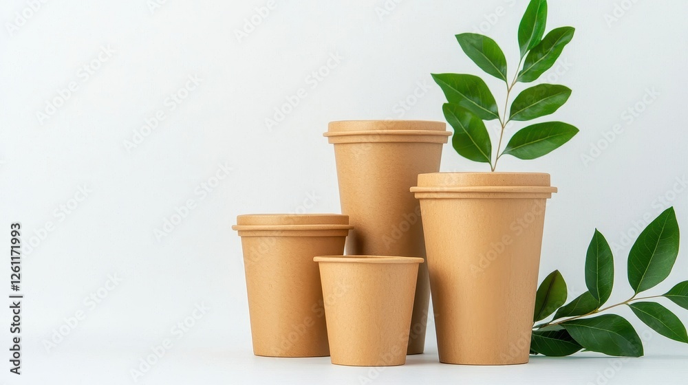 Fototapeta premium Brown Eco-Friendly Containers with Green Leaves on White Background