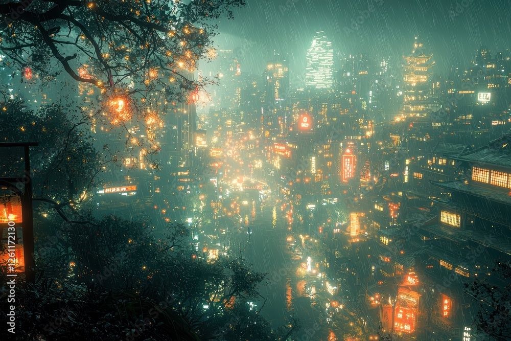 Obraz premium Neon-lit cityscape futuristic urban environment high fidelity imagery cyberpunk aesthetic nighttime view digital art exploration