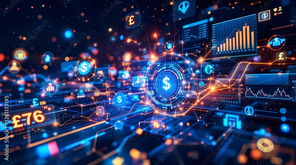 Digital Finance Interface with Currency Symbols and Charts