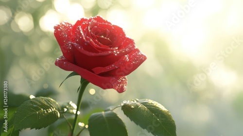 Dew-kissed red rose in garden sunlight photo