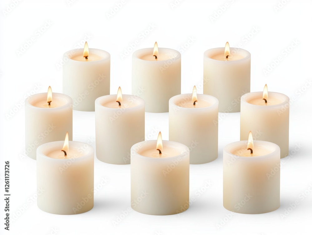Cluster of White Candles with Gentle Flames on a Soft Background Cluster of White Candles with Gentle Flames on a Soft Background