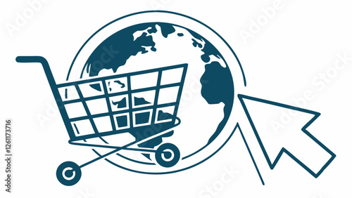 A futuristic shopping platform icon integrating a shopping cart, planet Earth, and a stylized cursor, symbolizing worldwide e-commerce accessibility