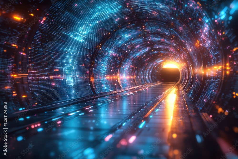 Fototapeta premium Futuristic neon grid tunnel digital realm 3d visualization high fidelity environment dynamic perspective innovative concepts