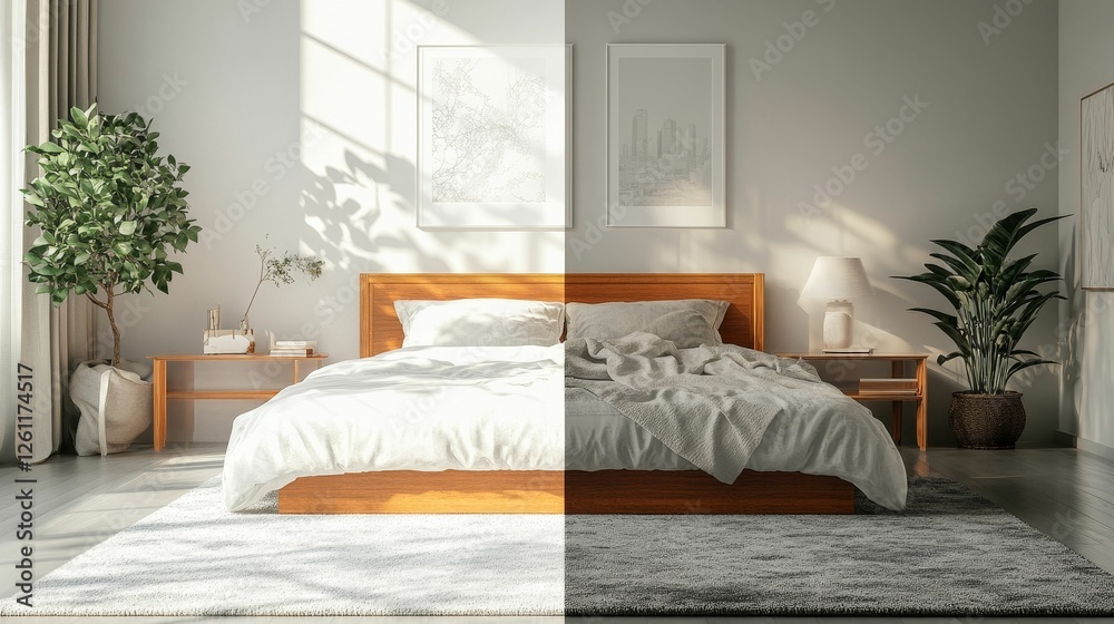 Fototapeta premium Serene minimalist bedroom sunlight design
