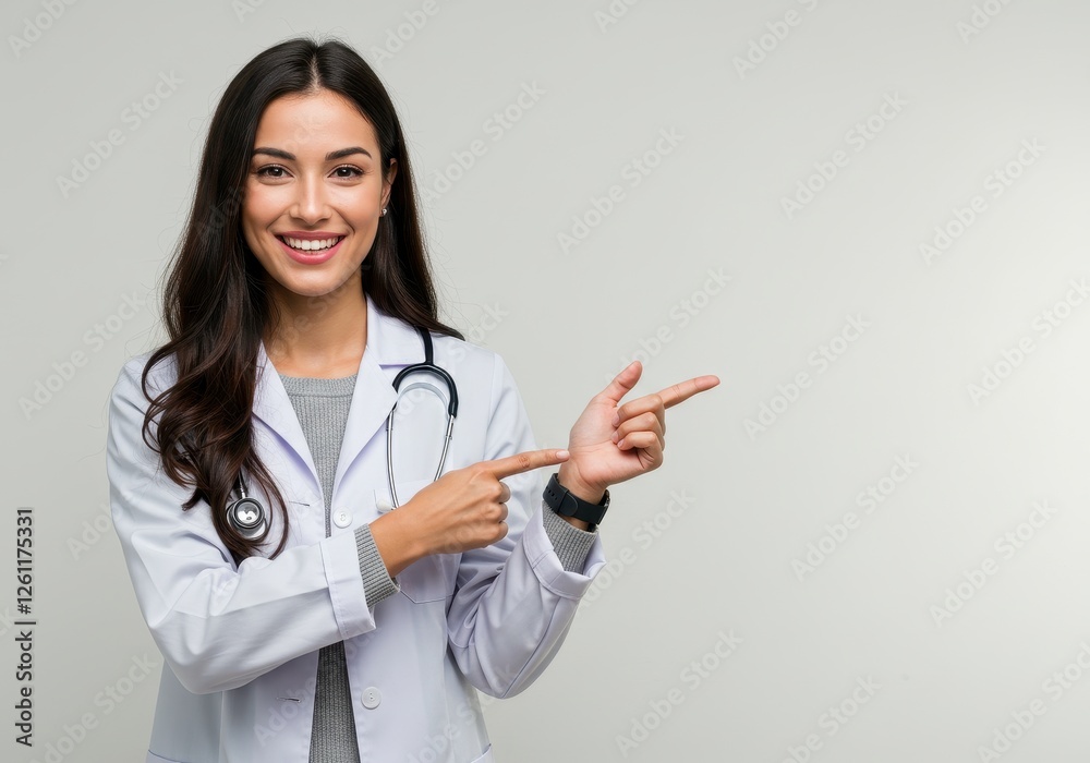 A smiling female doctor with long dark hair in a white coat pointing confidently to her side A smiling female doctor with long dark hair in a white coat pointing confidently to her side