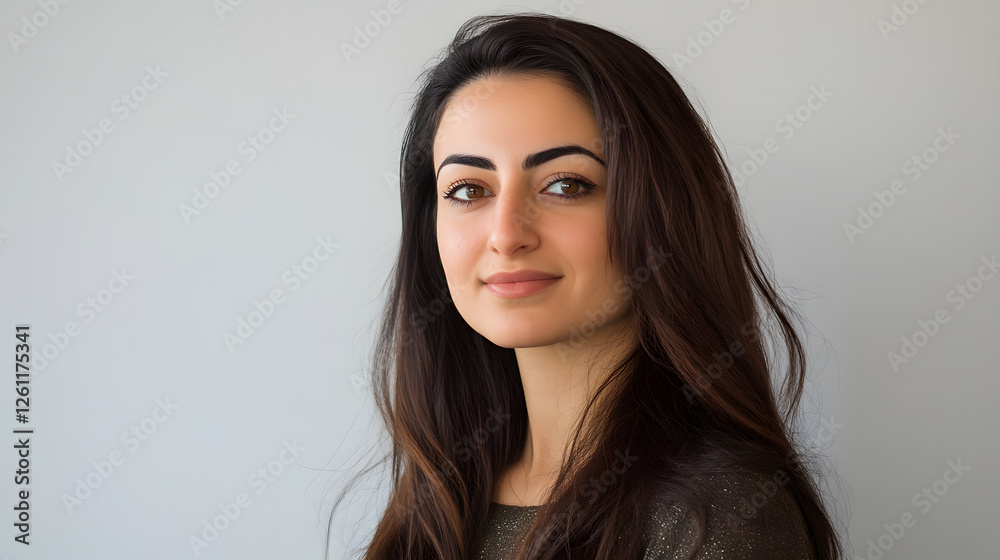 Portrait of a serene woman with dark hair, fair skin, and warm brown eyes, set against a plain backdrop. She has a slight smile and appears calm. Portrait of a serene woman with dark hair, fair skin, and warm brown eyes, set against a plain backdrop. She has a slight smile and appears calm.