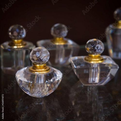 Set of transparent oriental perfume bottles on black blurred background, perfume cosmetic shop display.