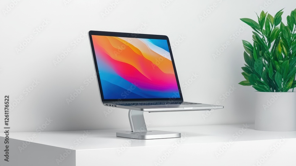 Fototapeta premium Modern Workspace with Laptop and Plant on Minimalist Desk Surface