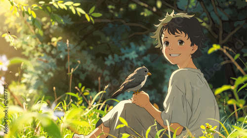 A young boy sitting on the grass, smiling warmly as a small bird perches on his shoulder, in a serene Japanese anime-style illustration.