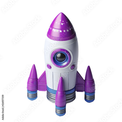 a purple and white toy rocket isolated on white background