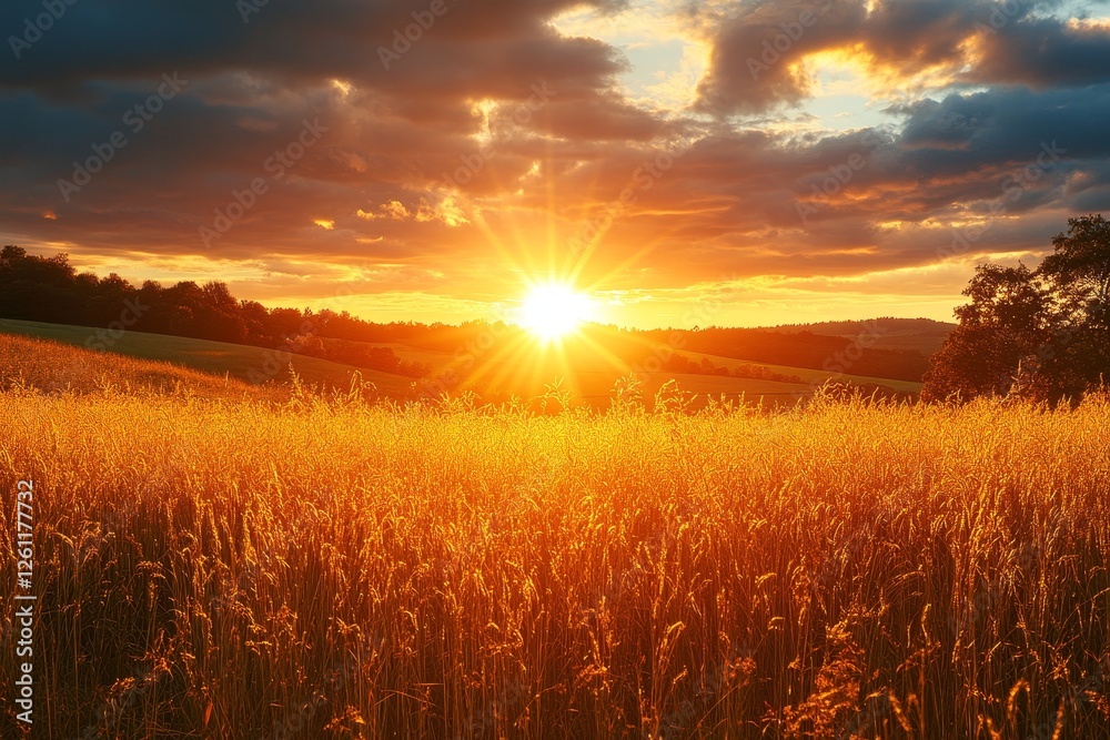 Fototapeta premium Sunset over golden wheat field, rolling hills
