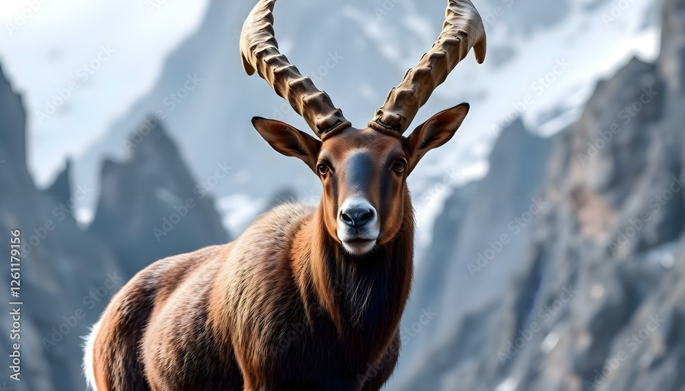 an animal with large horns standing in front of a mountain an animal with large horns standing in front of a mountain