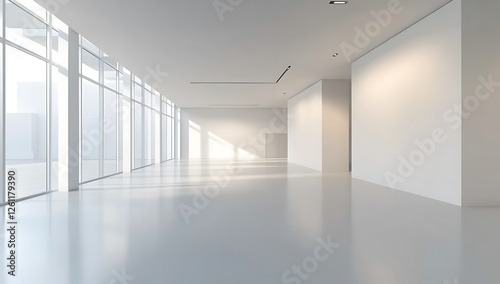 Bright modern office hallway; sunlight streams through large windows; empty space; ideal for corporate presentations