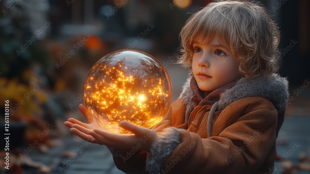 Naklejka premium Child holds glowing orb outdoors at night, autumnal setting