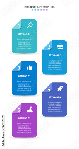 Vertical progress bar featuring 5 arrow-shaped elements, symbolizing the five stages of business strategy and progression. Clean timeline infographic design template. Vector for mobile presentation.