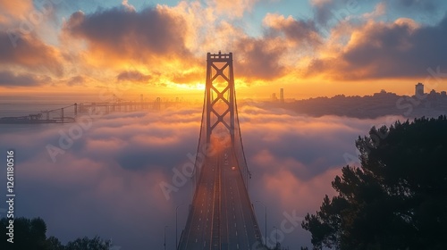 Golden Sunrise, Golden Gate Bridge, City Fog, Aerial View photo