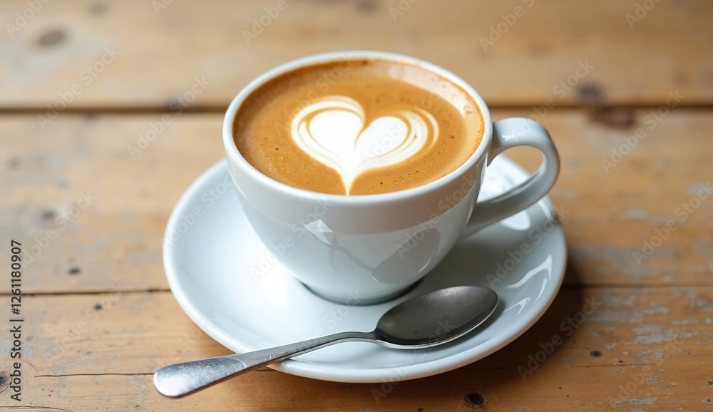 Fototapeta premium Close up white coffee cup with heart shape latte art on wood tab