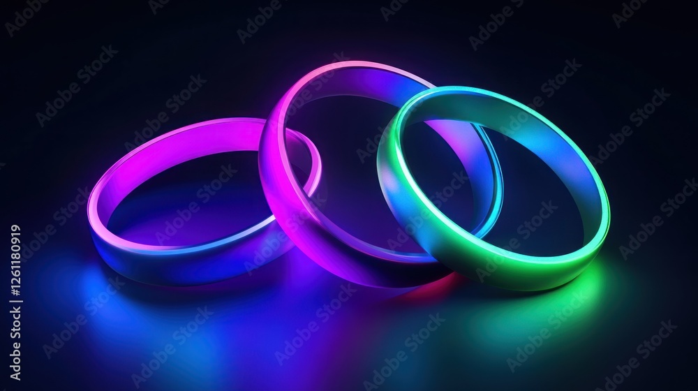 Glowing neon rings on dark background, abstract design Glowing neon rings on dark background, abstract design