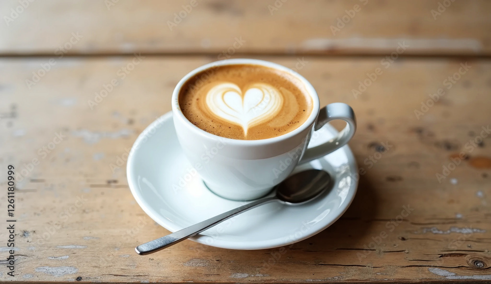 Obraz premium Close up white coffee cup with heart shape latte art on wood tab