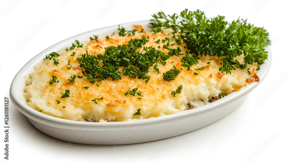 Shepherd's Pie with ground beef, potato and cheese on white background, top view, copy space. Traditional homemade casserole - Shepherds Pie Shepherd's Pie with ground beef, potato and cheese on white background, top view, copy space. Traditional homemade casserole - Shepherds Pie