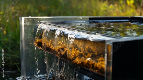 Golden algae cascade in modern water feature photo