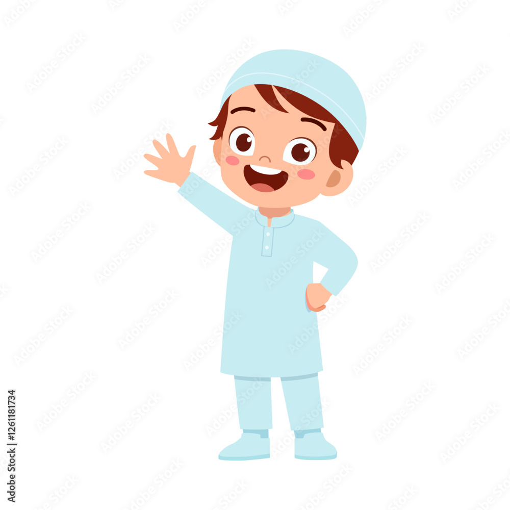 little muslim kid waving hand and feel happy little muslim kid waving hand and feel happy