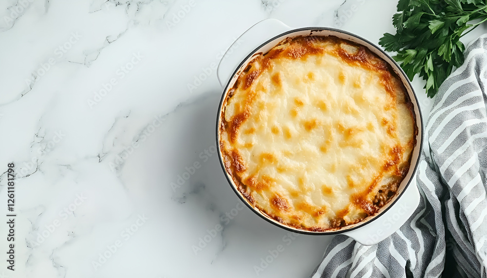 Shepherd's Pie with ground beef, potato and cheese on white background, top view, copy space. Traditional homemade casserole - Shepherds Pie Shepherd's Pie with ground beef, potato and cheese on white background, top view, copy space. Traditional homemade casserole - Shepherds Pie