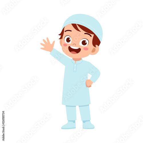 little muslim kid waving hand and feel happy
