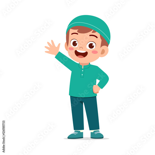 little muslim kid waving hand and feel happy