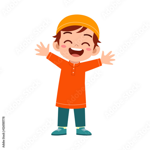 little muslim kid waving hand and feel happy