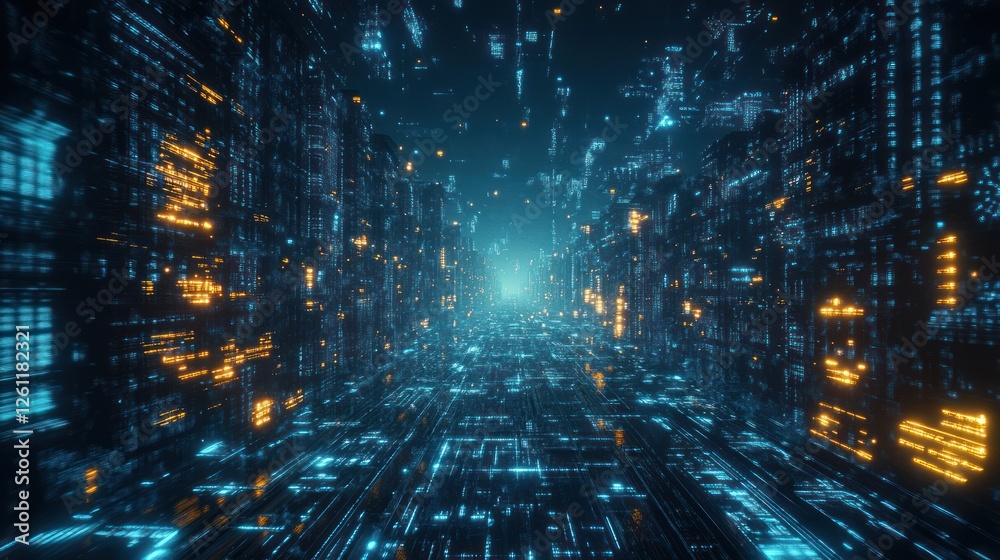 Fototapeta premium Digital city data stream, futuristic tunnel, glowing, network, background, technology, website
