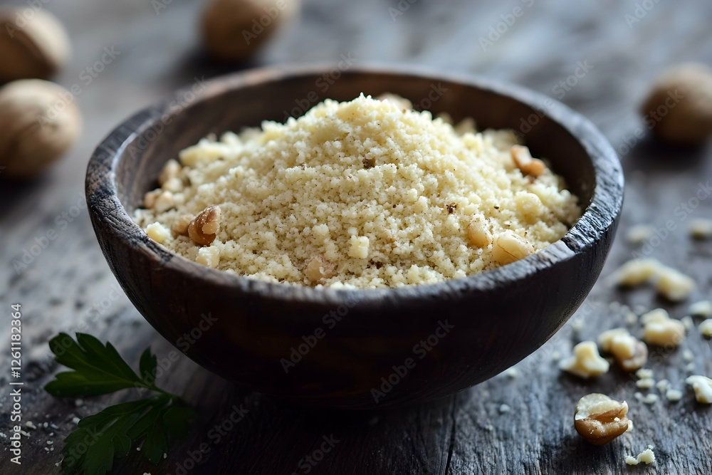 Spicy vegan parmesan walnuts on a wooden table Spicy vegan parmesan walnuts on a wooden table