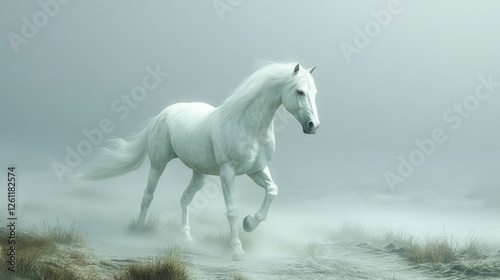 Majestic white horse running in misty field