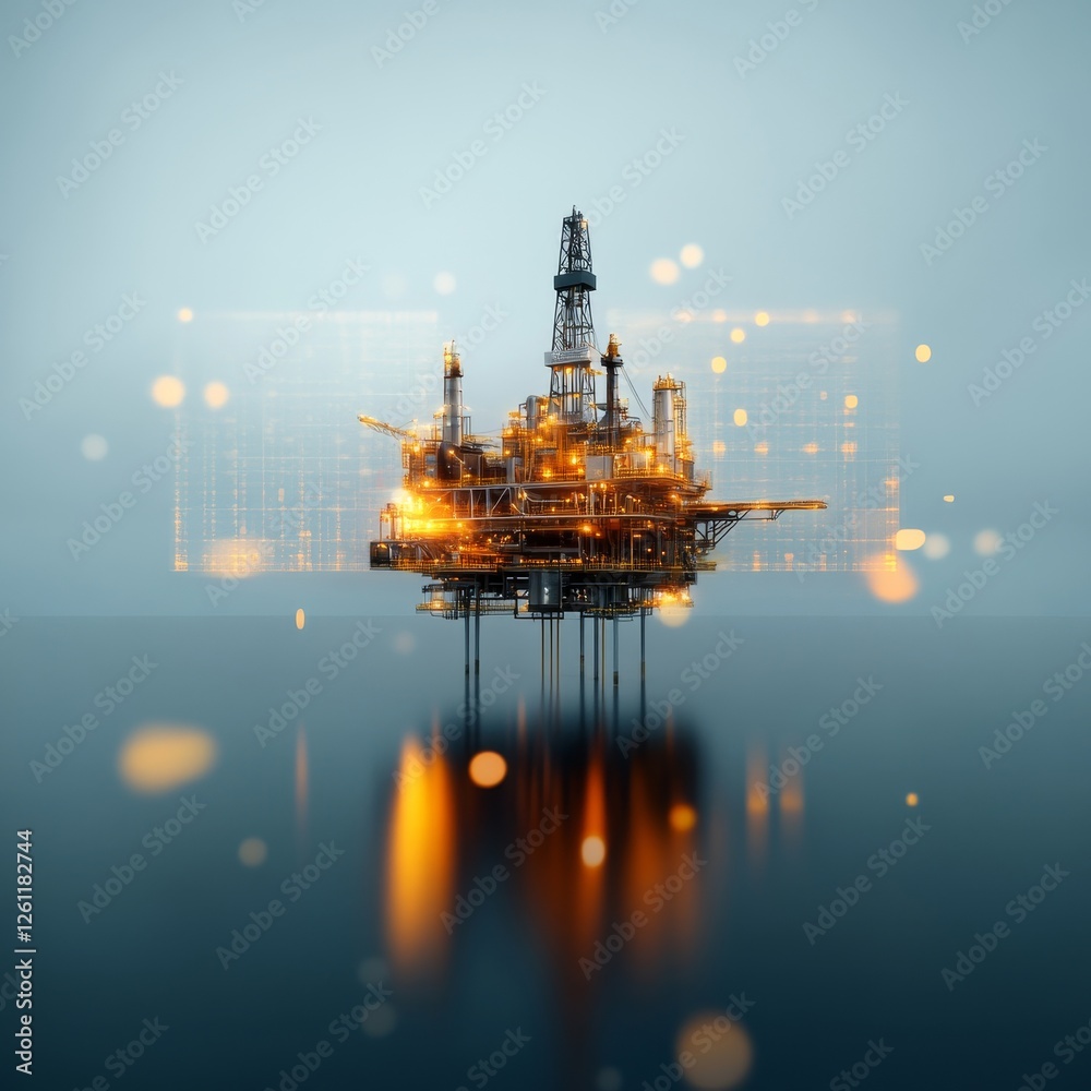 Obraz premium Futuristic Oil Platform Visualization with Digital Overlays and Light Effects