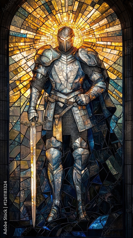 Stained glass depiction of a knight in full armor with a sword, bathed in light. Striking craftsmanship and attention to detail. Stained glass depiction of a knight in full armor with a sword, bathed in light. Striking craftsmanship and attention to detail.