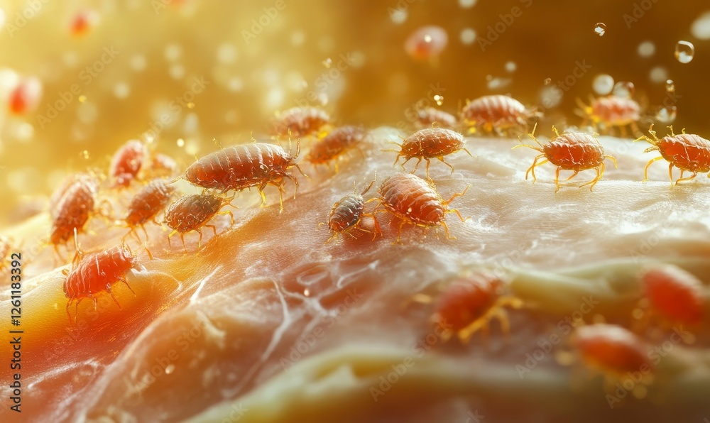 Tiny reddish insects crawling on skin surface Tiny reddish insects crawling on skin surface