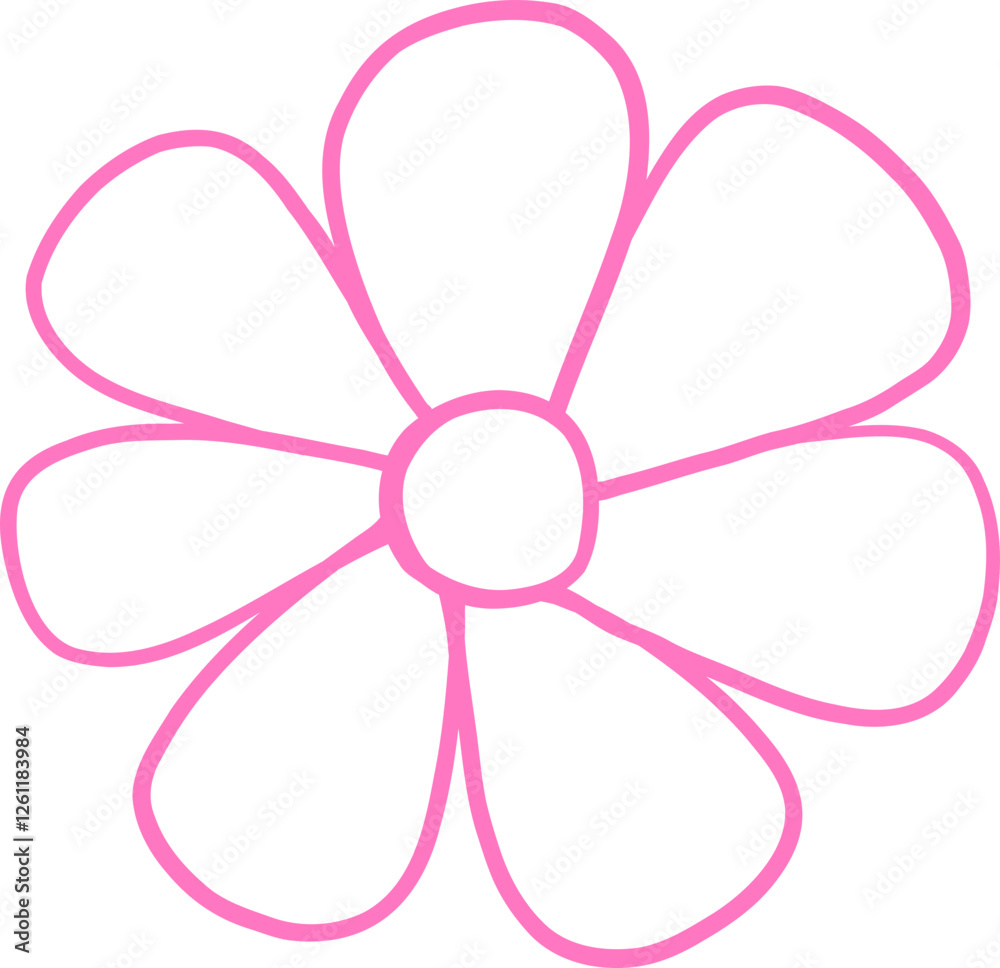Minimalist pink line art of a daisy-like flower with eight rounded petals and a circular center. A charming floral illustration perfect for spring and decorative designs Outline Minimalist pink line art of a daisy-like flower with eight rounded petals and a circular center. A charming floral illustration perfect for spring and decorative designs Outline