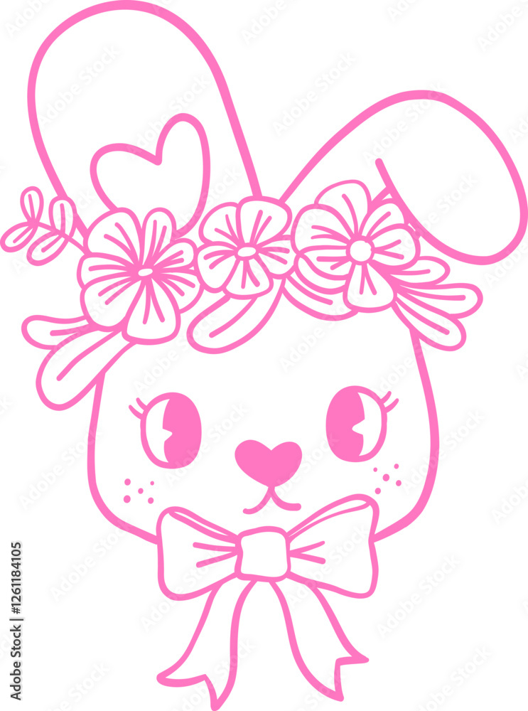 Adorable pink line art illustration of a bunny wearing a floral crown and a big bow. A whimsical and kawaii design perfect for Easter, nursery decor, and cute-themed projects Outline Adorable pink line art illustration of a bunny wearing a floral crown and a big bow. A whimsical and kawaii design perfect for Easter, nursery decor, and cute-themed projects Outline