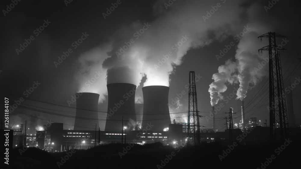 Industrial power plant at night emitting smoke Industrial power plant at night emitting smoke
