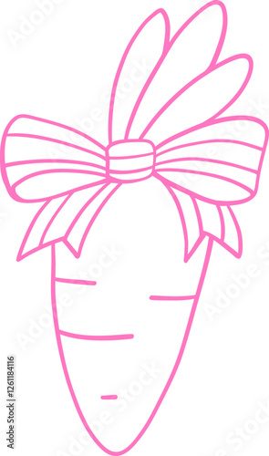 Pink line art illustration of a carrot with a decorative bow and leaves. A whimsical and charming design perfect for Easter, nature, and food-related themes Outline