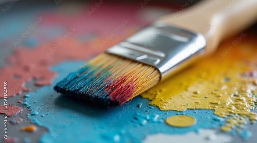 A close-up view of a paintbrush with vibrant bristles, resting on a palette filled with colorful paints A close-up view of a paintbrush with vibrant bristles, resting on a palette filled with colorful paints