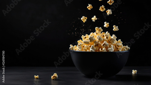 Popcorn Flying In The Air Over An Empty Bowl Against A Black Background