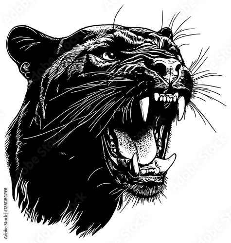 Snarling black panther portrait, isolated 