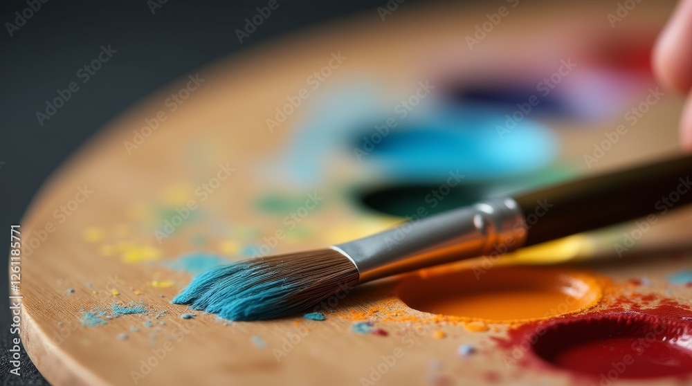 A close-up view of a paintbrush with vibrant bristles, resting on a palette filled with colorful paints, showcasing the tools of creativity and artistic expression. A close-up view of a paintbrush with vibrant bristles, resting on a palette filled with colorful paints, showcasing the tools of creativity and artistic expression.
