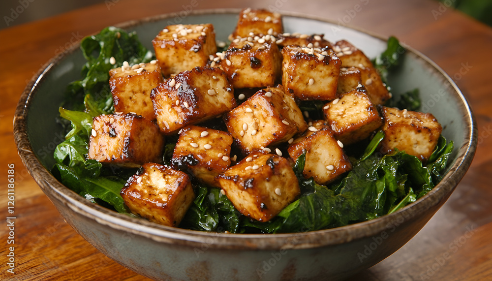 Stir Fried Tofu in a bowl with sesame and greens. Homemade healthy vegan asian meal - fried tofu Stir Fried Tofu in a bowl with sesame and greens. Homemade healthy vegan asian meal - fried tofu