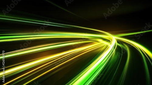 Green and yellow light trails curve on dark background, representing speed and movement, ideal for technology or transport themes