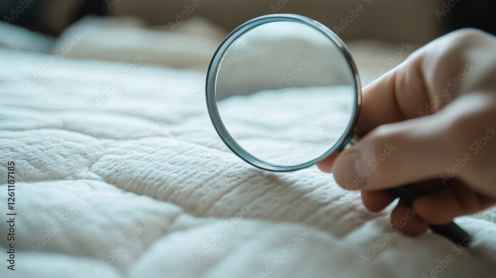 Fototapeta premium Magnifying glass examines soft white fabric texture